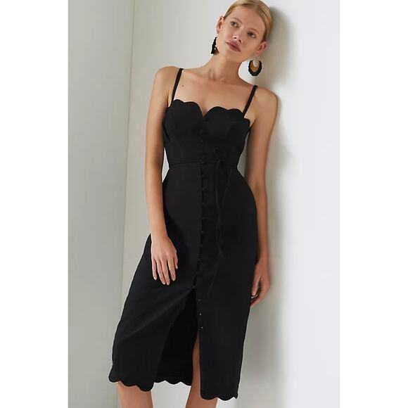 Anthropologie Slim Scalloped Corset Midi Dress Black Size 10 - Picture 1 of 9